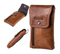 Hengwin Belt Pouch Holder, Genuine Leather Phone Holster for Samsung S24 S23 S22 Ultra S24+ S23+， iPhone 16 Plus 16 15 14 13 Pro Max Cellphone Case Waist Carrier, Travel Money Card Multiple Pockets