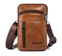 Hengwin Mini Men's Shoulder Bags, Small Leather Wallet Vertical Phone Holster for iPhone 16 15 14 13 Pro Max, 16 15 14 Plus 12 11 XR SE Samsung S25 S24 S23 Ultra Travel Phone Holder (Brown)