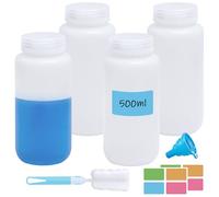 Hengxinc 4 PCS 500 ml/16oz Wide Mouth Plastic Bottles, Empty Laboratory Bottle, Leak-Proof, Translucent HDPE Bottle with Wide Opening,with Funnel, Beaker Brush, for Laboratory, Storage, Water Sample