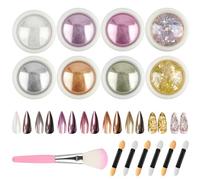 Hengxinc 8 Colors Chrome Nail Powder, Shiny Glassy Pearl Effect, Nail Powder for Nail Design, Nail Glitter Powder with Glassy Pearl Effect, Cromepowder Nail Set with Eyeshadow Pencils