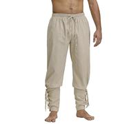 Hengzhifeng Men's Ankle Banded Pants Medieval Viking Navigator Pirate Costume Cosplay Trousers Renaissance (Large, Beige)