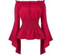 Hengzhifeng Steampunk Renaissance Blouse Women Long Sleeve Boho Off Shoulder Peasant Shirt (UK 12-14,Wine Red)