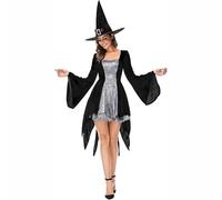 Hengzhifeng Witch Costume for Women Short Sorceress Classic Dress Cosplay Halloween (Small, silver)