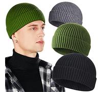 3 Pack Wool Fisherman Beanies for Men, Short Knit Watch Cap Cuffed Trawler Hats, B-Black, Gray, Dark Green, One Size