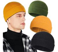 Heniho 3 Pack Wool Fisherman Beanies for Men, Short Knit Watch Cap Cuffed Trawler Hats, D-Black, Yellow, Green, One Size