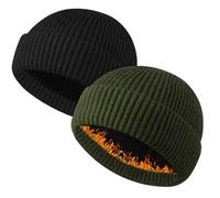 Heniho Wool Fisherman Beanie Fleece Lined Beanies Winter Warm Hat Skull Cap for Men Women, 2pack - Black&army Green, One size