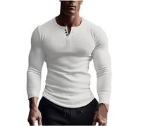Henley Long Sleeve Men's Tops Plain Elastic Ribbed T-Shirt Pullover Muscle Fit Sport Cotton Tee Casual Shirt for Men White
