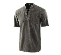 Henley Shirt Men's Medieval Retro Laces Pirate Shirt Summer Beach Shirt Vintage Casual Lightweight T-Shirt V-Neck Short Sleeve Biker Motorcycle Distressed T-Shirt, s02 grey, XL