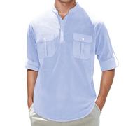 Henley Shirt Men's Plain Lightweight Linen Shirt with Flap Pockets Comfortable Airy Muslin Summer Shirt Soft Breathable Beach Shirt Loose Fit Hawaiian Shirt Classic Work Shirt, blue, 3XL