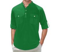 Henley Shirt Men's Plain Lightweight Linen Shirt with Flap Pockets Comfortable Airy Muslin Summer Shirt Soft Breathable Beach Shirt Loose Fit Hawaiian Shirt Classic Work Shirt, Green, 3XL
