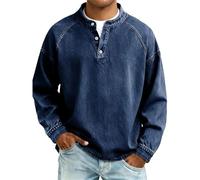 Henley Shirts for Men Button Down Tshirts Loose Fit Long Sleeve Tshirts Retro Washed Snap T-Shirts Comfortable Crew Neck T-Shirts Wrinkle Free Casual T Shirt Breathable Sports Tee Tops Dark Blue