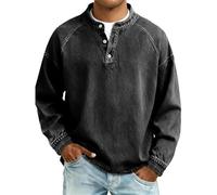 Henley Shirts for Men Button Down Tshirts Loose Fit Long Sleeve Tshirts Retro Washed Snap T-Shirts Comfortable Crew Neck T-Shirts Wrinkle Free Casual T Shirt Breathable Sports Tee Tops Black