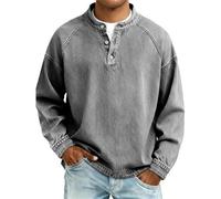 Henley Shirts for Men Button Down Tshirts Loose Fit Long Sleeve Tshirts Retro Washed Snap T-Shirts Comfortable Crew Neck T-Shirts Wrinkle Free Casual T Shirt Breathable Sports Tee Tops Grey
