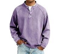 Henley Shirts for Men Button Down Tshirts Loose Fit Long Sleeve Tshirts Retro Washed Snap T-Shirts Comfortable Crew Neck T-Shirts Wrinkle Free Casual T Shirt Breathable Sports Tee Tops Purple