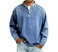 Henley Shirts for Men Button Down Tshirts Loose Fit Long Sleeve Tshirts Retro Washed Snap T-Shirts Comfortable Crew Neck T-Shirts Wrinkle Free Casual T Shirt Breathable Sports Tee Tops Sky Blue