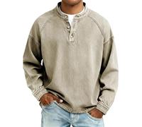 Henley Shirts for Men Button Down Tshirts Loose Fit Long Sleeve Tshirts Retro Washed Snap T-Shirts Comfortable Crew Neck T-Shirts Wrinkle Free Casual T Shirt Breathable Sports Tee Tops Beige