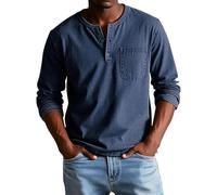 Henley Shirts for Men Classic Retro T-Shirts with Pocket Vintage Distressed Washed Shirt Long Sleeve Button Down Tops Camisa Lino Hombre(Dark Blue, M)