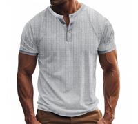 Henley Shirts for Men Cotton Linen Short Sleeve Breathable Collarless Shirts Casual 3 Buttons Grandad Shirt Crewneck Plus Size Top Summer Plain Tshirts Gray
