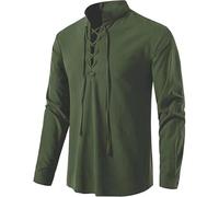 Henley Shirts for Men Long Sleeve, Grandad Collar Shirts for Men Solid Color Summer Beach Hawaiian Henley T Shirt Plain Lace Up Button Down Casual Stand Collar Scottish Ghillie Shirt Army Green