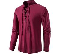 Henley Shirts for Men Long Sleeve, Grandad Collar Shirts for Men Solid Color Summer Beach Hawaiian Henley T Shirt Plain Lace Up Button Down Casual Stand Collar Scottish Ghillie Shirt Wine