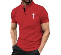 Henley Shirts for Men Short Sleeve Christian Cross Shirt Button Down T-Shirts Stand Collar Tops Casual Tees Blouse Camisa Elegante para Hombre(Red, L)