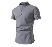 Henley Shirts for Men Short Sleeve Cotton Linen T-Shirts Mandarin Collar Shirt Button Down Split Hem Blouses Tops Tee Camisa Casual para Hombre(Grey, XL)
