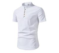 Henley Shirts for Men Short Sleeve Cotton Linen T-Shirts Mandarin Collar Shirt Button Down Split Hem Blouses Tops Tee Camisa Elegante para Hombre(White, XL)