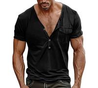 Henley Shirts for Men Short Sleeve Deep V Neck T-Shirts with Pocket Button Down Shirt Solid Color Tops Blouses Tees Camisa De Verano para Hombre(Black, M)
