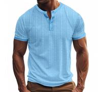 Henley Shirts for Men Short Sleeve Plain Plus Size Grandad T Shirts 3 Buttons Casual Collarless Shirts Breathable Crewneck Tops Summer Cotton Linen T-Shirts Light Blue