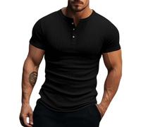Henley Shirts for Men Short Sleeve Ribbed T-Shirts 4 Buttons Down Shirt Casual Muscle Stretch Blouses Slim Fit Tops Camisas De Verano para Hombre(Black, S)