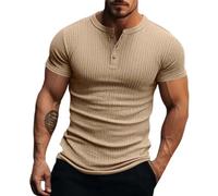 Henley Shirts for Men Short Sleeve Ribbed T-Shirts 4 Buttons Down Shirt Casual Muscle Stretch Blouses Slim Fit Tops Camisetas para Hombre(Khaki, XXXL)