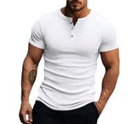 Henley Shirts for Men Short Sleeve Ribbed T-Shirts 4 Buttons Down Shirt Casual Muscle Stretch Blouses Slim Fit Tops Camisa para Hombres(White, S)