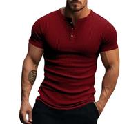 Henley Shirts for Men Short Sleeve Ribbed T-Shirts 4 Buttons Down Shirt Casual Muscle Stretch Blouses Slim Fit Tops Camisa Sin Cuello para Hombre(Wine, XL)