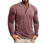 Henley T Shirt Men Grandad Collar Long Sleeve Half Buttons Tee Smart Casual Knitted Collarless Polo T-Shirts Muscle Slim Fit Holiday Beach Tops-Wine Red-S