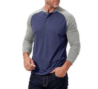 Henley T Shirt Mens Long Sleeve Casual Smart 3 Buttons Fashion Patchwork Tops Crew Neck Grandad T Shirts Colour Blocking Regular Fit Basic Collarless Henley Shirt Top DarkBlue XL