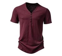 Henley T Shirt Mens Short Sleeve Muscle Slim Fit Tee Smart Casual Summer V Neck Half Button T-Shirt Fitted Collarless Polo Tops-Wine Red-L