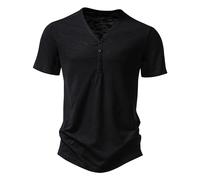 Henley T Shirt Mens Short Sleeve Muscle Slim Fit Tee Smart Casual Summer V Neck Half Button T-Shirt Fitted Collarless Polo Tops-Black-L