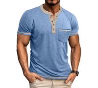 Henley T Shirt Mens Short Sleeve Summer Casual Smart Grandad Collar Tshirt Muscle Fit Collarless Shirts Top-Light Blue-S