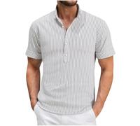 Henley T Shirt Mens Summer Short Sleeve Casual Mens Grandad T Shirts Mock Neck Striped Cotton Linen Tshirts Lounge Holiday Collarless Shirts Comfy Beach Tee White