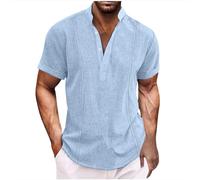 Henley T Shirt Mens UK Clearance Cotton Linen Shirts Summer Short Sleeve V Neck T Shirts Breathable Buttons Basic Tees Stand Collar Solid Color Casual Beach Shirt Light Blue