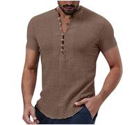 Henley T Shirt Mens UK Clearance Solid Color Cotton Linen Shirts Summer Short Sleeve Tops Plain Breathable Buttons Basic Tees Stand Collar Casual Beach Shirts Brown