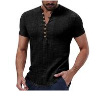 Henley T Shirt Mens UK Sale Clearance Solid Color Cotton Linen Shirts Summer Short Sleeve Tops Plain Breathable Buttons Basic Tees Stand Collar Casual Beach Shirts Black