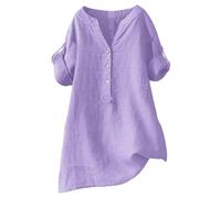 Henley Tops Women Collarless Button Up V Neck Linen Shirt Summer Spring Lightweight Going Out Tops Rolled Long Sleeve Solid Colour Smart Casual Blouse Ladies Elegant Office Work Shirts,Purple,S