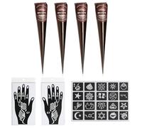 Henna Cones, 4-Piece Brown Henna Kit with 20 Stencils and Hand Templates, for Body Art, Temporary for Festivals