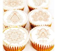 Henna Tattoo Style Cupcake Toppers - Soft Neutral Gold Brown Edible Icing or Wafer Cake Decorations - Mehndi - Nikah - Party (Edible Icing)