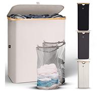 HENNEZ 141L Bamboo Beige Laundry Basket with Lid - Laundry Bin With Removable Bags - Double Laundry Basket With Handles - Dirty Clothes Basket