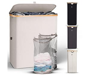 HENNEZ 141L Bamboo Beige Laundry Basket with Lid - Laundry Bin With Removable Bags - Double Laundry Basket With Handles - Dirty Clothes Basket