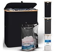 HENNEZ 141L Bamboo Black Laundry Basket with Lid - Hamper Removable Bags Double Handles Dirty Clothes Washing Baskets for Wash Bin, (140l - noir)