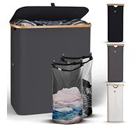 HENNEZ 141L Bamboo Grey Laundry Basket with Lid - Hamper With Removable Bags Double Handles Dirty Clothes Washing Baskets for Wash Bin