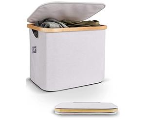Hennez 40L Storage Basket with Lid For IKEA Kallax - Lidded Fabric Storage Box - Collapsible Laundry Baskets with Handles Box Bamboo Canvas Storage Box Beige Fabric Small Storage Baskets Laundry Shelf